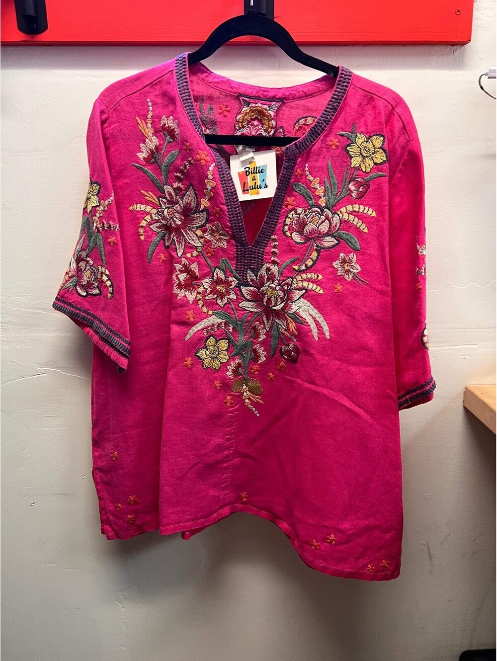 Johnny Was Pink Heavily Embroidered Pink/Green and Yellow Flowers Blouse